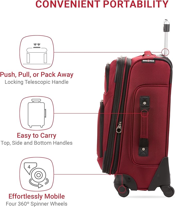SwissGear Sion Softside Expandable Luggage – Carry-On Suitcase with 360 Degree Wheels & Retractable Handle – 21 Inch, Perfect for 1-3 Night Trips – Burgundy