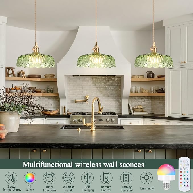 Battery Operated Pendant Light,Vintage Light Fixtures RGB Light Bulb 2500mAh 9.4in Green Modern Chandelier with Remote Control Wireless Adjustable Rechargeable Chandelier for Kitchen Island 2Pack