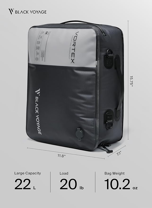 Black Voyage Reusable Vacuum Compression Travel Bag for Carry-On Suitcase and Backpack, Recycled IP67 Waterproof Space Saver Vacpack (1-Pack, 21L - No Pump)