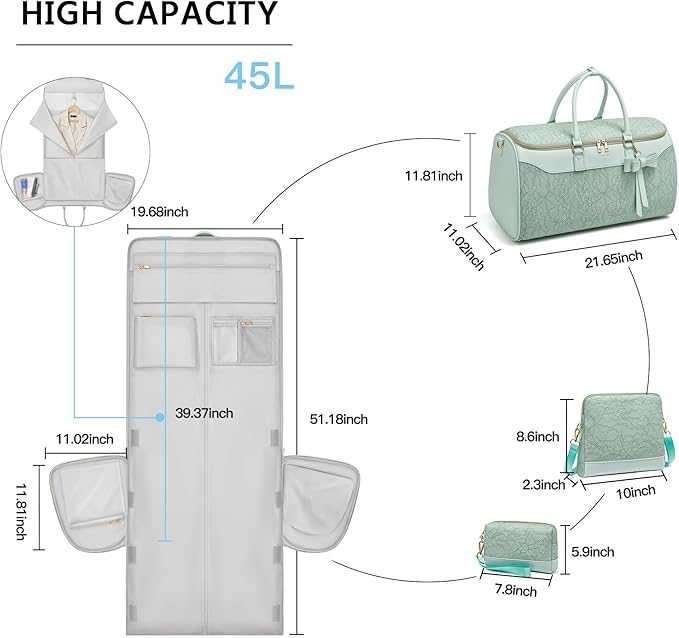 Garment Bags for Travel,45L Carry on Convertible Garment Duffle bag for Men Women - 3 in 1 Hanging Suit Travel Bag with Shoulder Strap (Light cyan)