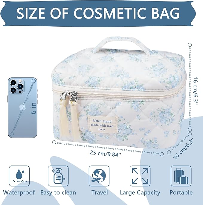 Large Travel Quilted Makeup Bag for Women,Big Floral Cotton Cosmetic Bag, Cute Coquette Aesthetic Floral Toiletry Organizer Bag (Blue Rose)