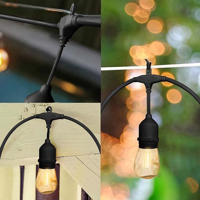 Outdoor String Lights, 50FT Waterproof Patio Lights with 1W Dimmable LED Bulbs, Hanging String Lights for Outdoor Backyard, Garden, Deck, Porch, Gazebo, Balcony, Camping, Party(Black)
