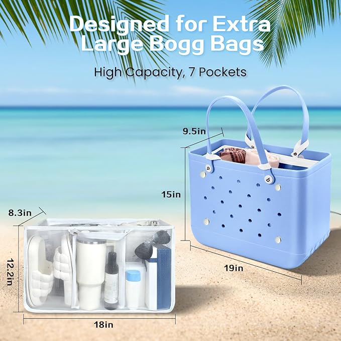 XYFuuee Beach Bag Organizer Inserts for Original Large Bogg Bag Accessories with 8 Removable Metal Fasteners, Lightweight Mesh Insert Divider Pouch, Organizing Rubber Tote, Save Space, White XL
