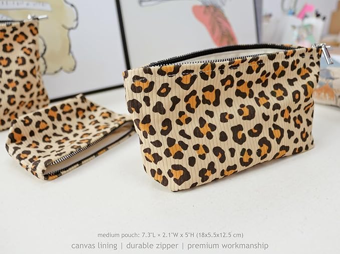 HAPPYHEIDI Leopard Corduroy Makeup Bag Cosmetic Toiletry Travel Pouch Car Organizer, 3-Size, Vintage Brown Coquette Cheetah