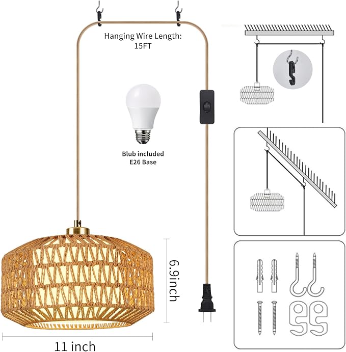 Plug in Pendant Light, Rattan Hanging Lights with Plug in Cord | Rattan Woven and Fabric 2 in 1 LampShade, Hanging Lamp Plug in for Bedroom Living Room Kitchen Island (Bulb Included)