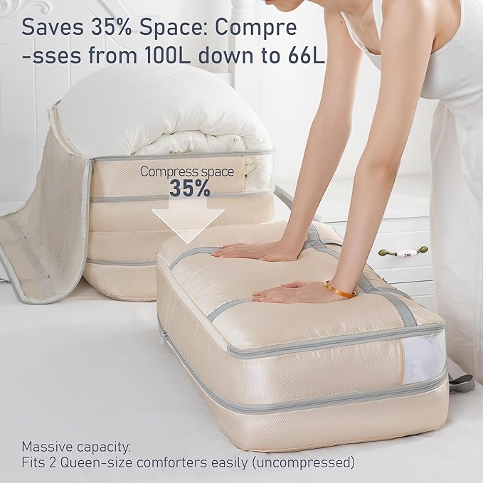 DIMJ Large Compression Comforter Storage Bag with Carry Handls, 100L Washable Blanket Storage Packing Totes, Space Saving Containers For Pillow, Clothes, Bedding, 4 PCS