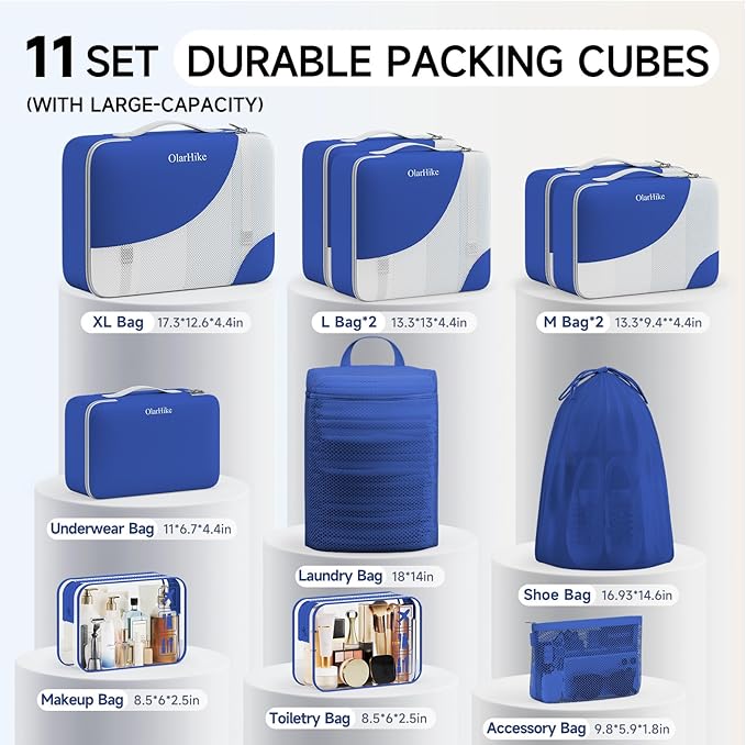 11 Set Packing Cubes for Travel, Gifts for Women Mom Kids, TSA Approved Bags for Makeup, Cosmetic, Toiletry, Suitcase Organizers for Checked Luggage, Cruise Essentials,Airplane Accessories, Klein Blue
