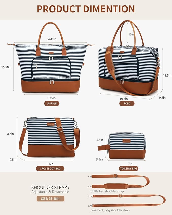 Duffle Bag for Women Travel, Weekender Bag Overnight Bag with Shoe Compartment, Carry on Bag with Crossbody Purse for Over Night, Weekend, Yoga, Gym, Business Trips, Hospital, Blue Strip