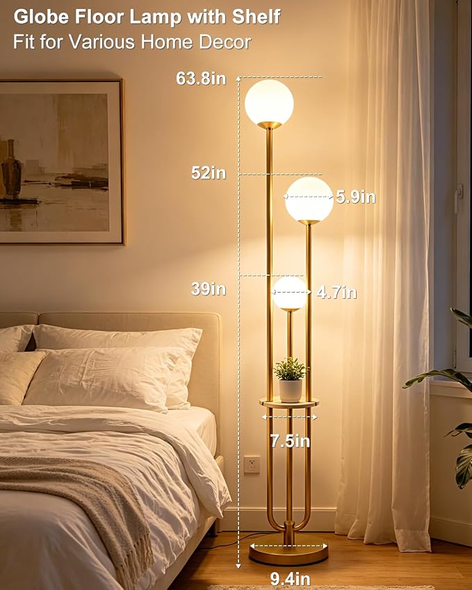 Lightdot Gold Globe Floor Lamp 3-Lights Dimmable Floor Lamps with Tray& Bulbs Included Unique Floor Lamp Modern Standing Lamps with 5Lbs Heavy Base for Living Room/Bedroom//Sofa Beside/Corner Decor