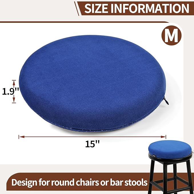 BUYUE Memory Foam Seat Cushion, Dia 15" Soft Velvet Round Stool Cushion Anti-Slip Chair Pads, M, Navy Blue