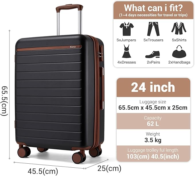 Kono 24 Inch Check In Suitcase Expandable Luggage, Business Travel Suitcase for 5-7 Days, Durable ABS+PC Hardshell with Side Handles & Kick Plates, Double Spinner Silent Wheels, Black/Brown