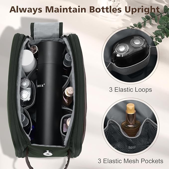 Wedama Toiletry Bag for Men, Medium Hanging Travel Toiletry Bag, Extra Electronic Organizer Bag Waterproof Shaving Bag for Toiletry with PU Handle for Travel Business Trips Swim Camping, Green+ Brown