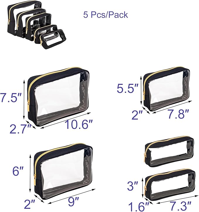 TSA Approved 5-Piece Diaper Bag Organizer Pouch Set Clear Waterproof TPU Kids Toiletry Storage Set Travel Packing Clutch Cube Bags for Baby Nursing(Black)