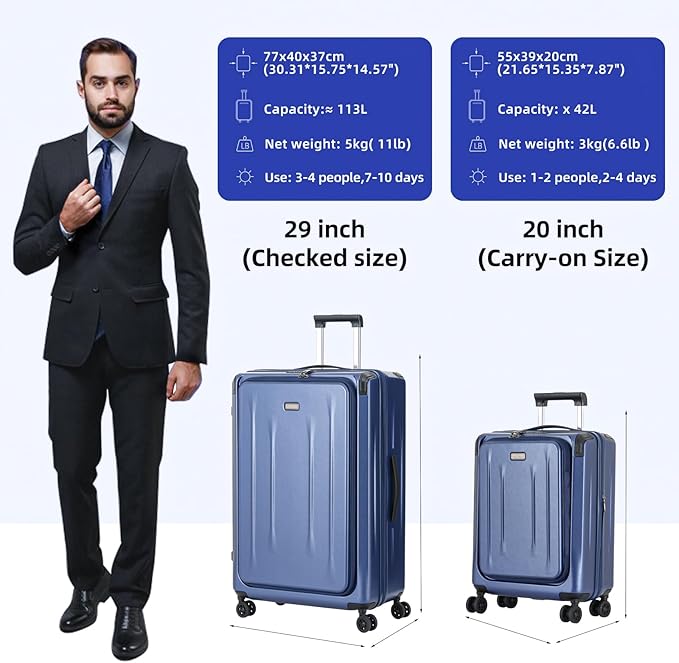 29 Inch Luggage, Top Opening Airline Approved ABS+PC Hard Shell Suitcases with Silent Wheels, TSA Lock,Front Pocket and Wet-dry Separated Six-piece Set (Dark Blue, 29 Inch)
