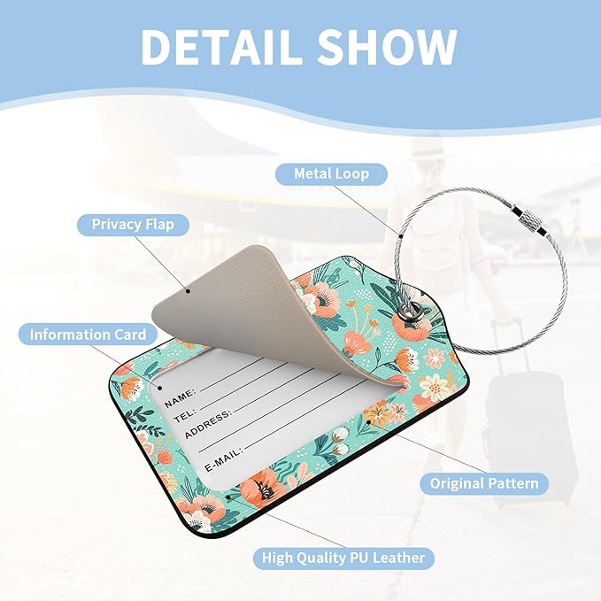 2 Pcs Luggage Tag for Suitcases, Floral Flower Cute PU Leather Suitcase Tag Privacy Cover ID Label with Metal Loop, Personalized Baggage Identifier for Women Cruise Bag Travel Essentials