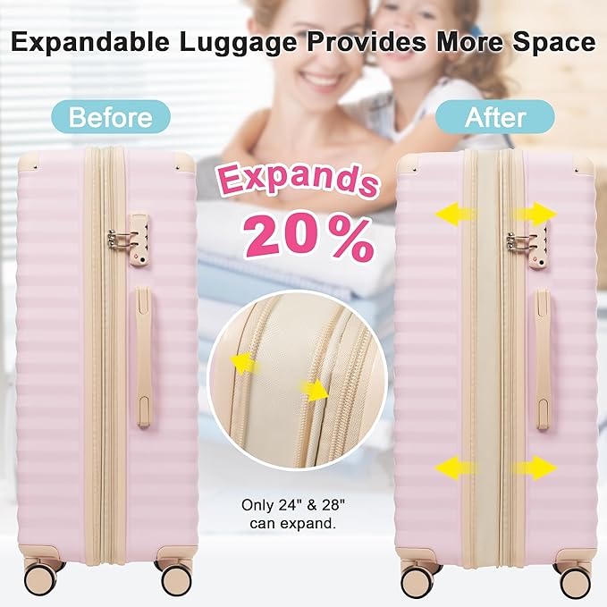 Merax Luggage Sets 5 Piece,Front Open Hardshell Expandable Suitcase with Spinner Wheels and Duffel Bags,Lightweight Carry on Luggage with USB Port and Cup Holder,20/24/28IN,Pink
