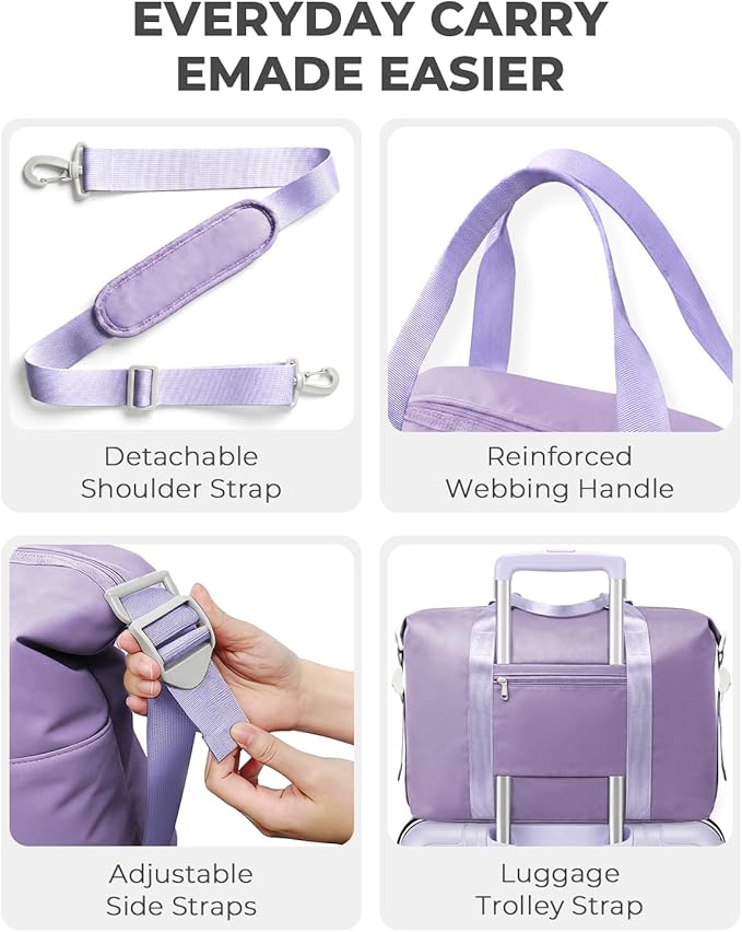 Percover Weekender Travel Duffel Bag for Women, Lightweight Soft-Structure 33L Carry-On, Water-Resistant Nylon with Shoulder Strap & Trolley Sleeve, Personal Item Friendly, Lavender Purple