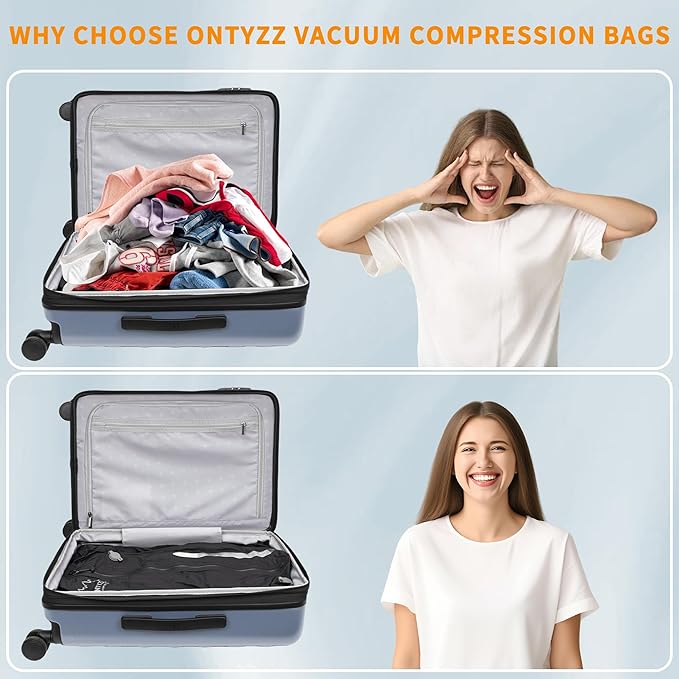 ONTYZZ Vacuum Bags for Travel, Reusable Vacuum Compression Bag, Recycled IPX8 Waterproof Space Saver Bag for Luggage/Camping/Home Storage (2 Pack with Air Pump-Black)