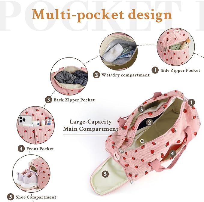 2PCS Cute Gym Bag for Girls, Corduroy Duffle Bag with Wet Pocket & Shoe Compartment and item bag, Duffle Bag for Travel, Sports, Fitness & Workout