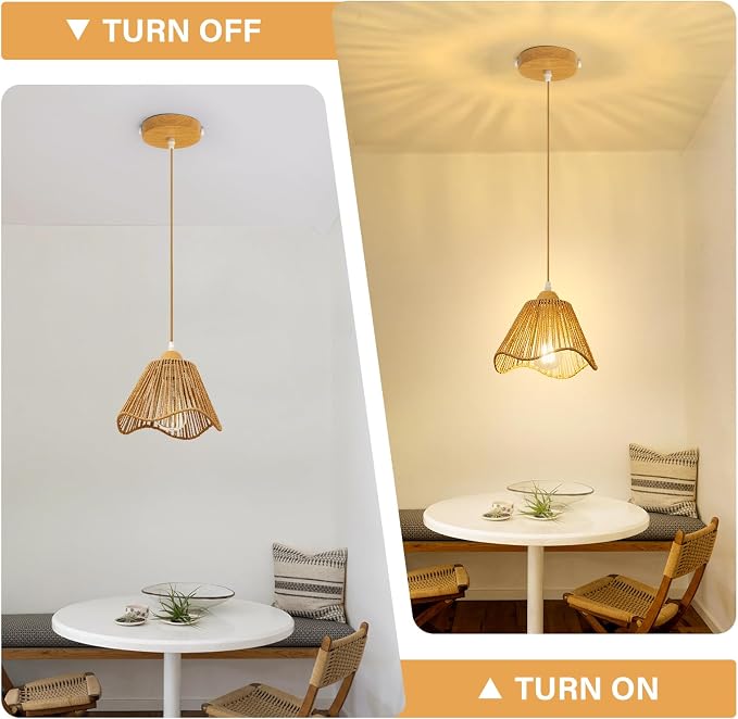 Boho Rattan Pendant Light for Kitchen Island Wave Hanging Lamp | Handwoven Rattan Shade Adjustable Height 10-57 Inch E26 Base Farmhouse Chandeliers for Kitchen Islands And Dining Rooms