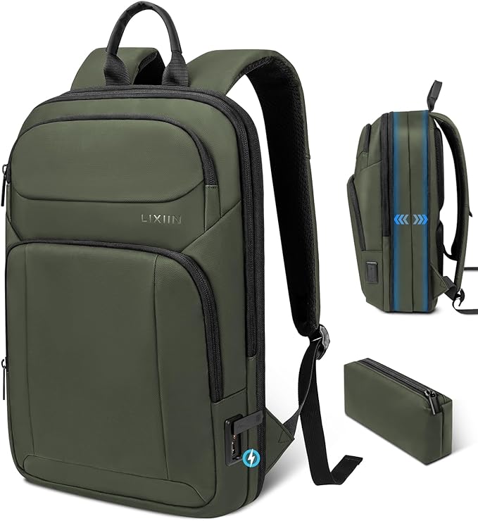 Backpack for Men Slim & Expandable Travel Laptop Backpack with USB Charging Port Water Resistant Anti-Theft Business Backpack Fits 17.3In Laptop for Commute Work College with Small Bag(Olive Green)