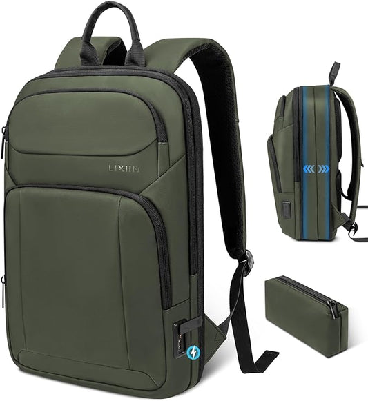Backpack for Men Slim & Expandable Travel Laptop Backpack with USB Charging Port Water Resistant Anti-Theft Business Backpack Fits 17.3In Laptop for Commute Work College with Small Bag(Olive Green)