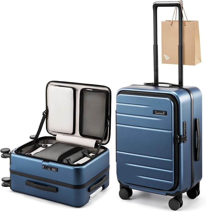 LUGGEX Carry On Luggage Top Opening, FLA Aluminum Frame Trunk Style Luggage, Polycarbonate Hard Shell Suitcase (FX-Enhance, Blue, 20 Inch, 38L)