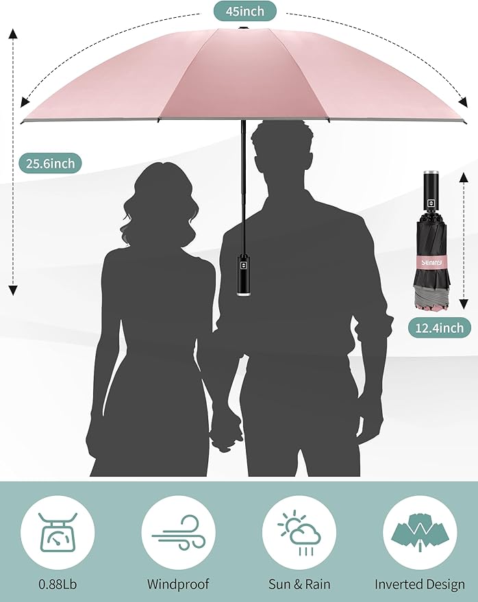 Seniny Inverted Travel Umbrella Compact - Windproof Umbrellas for Rain with Reflective Strip, Large UV Umbrella for Sun Protection, Automatic Portable Umbrellas Fold in Reverse for Car, Backpack