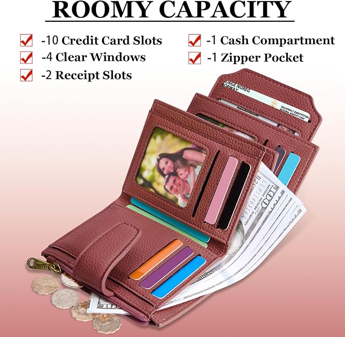 Airkit Small Wallet Women RFID Blocking Soft Leather Bifold Compact Card Holder Wallet for Women with Zipper Coin Pocket 4 ID Window