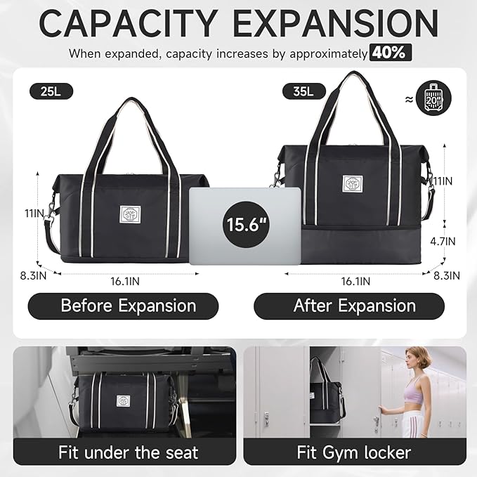 WALNEW Travel Duffel Bag, Weekender Overnight Carry On Bag for Women Men, Foldable Waterproof Gym Luggage with Metal Buckle Detachable Shoulder Strap and Wet Compartment (Black)