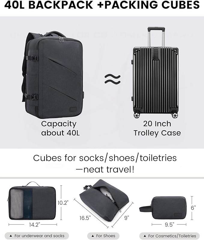 LOVEVOOK Travel Backpack, 40L Extra Large Backpack, Carry on Backpack 17 Inch with USB Port, Water Resistant Business Backpack for Men Women, Dark Grey