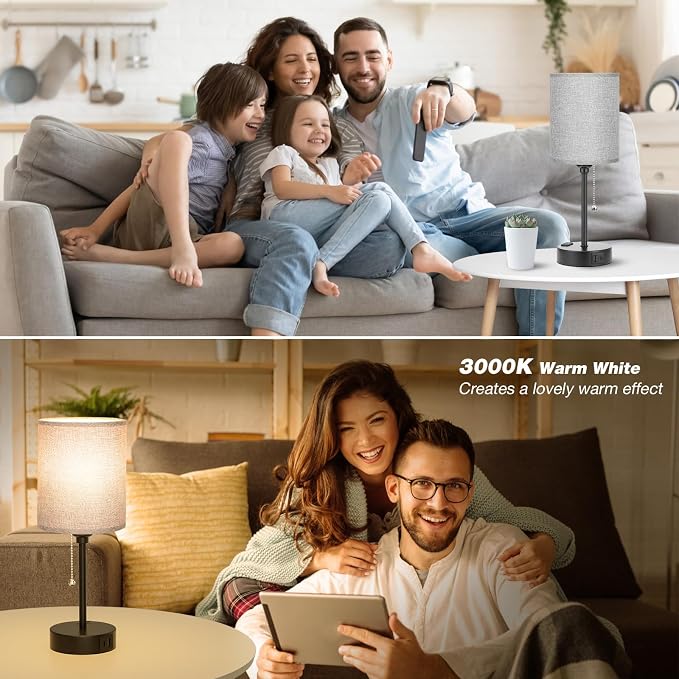 Small Bedside Table Lamp for Bedroom - Desk Lamp with USB Ports for Dorm | USB A+C Ports, AC Outlet, 3 Color Temperatures, LED Bulb Included, Grey Fabric Shade, Matte Black Base, 14" Night Stand Lamp