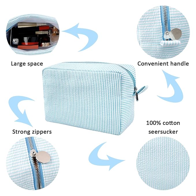 GFU Makeup Bag for Women, Cute Cosmetic Bag, Lightweight Toiletry Make up Bag, Large Seersucker Aesthetic Organizer Storage Pouch for Girls, Women and Moms Gifts, Lightblue