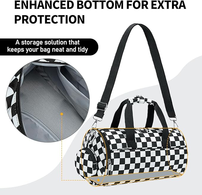 Mini Gym Bag for Women Girls Cute Small Duffle Bag 12'' with Multifunctional Pockets Workout Sport Bags Dance,Fitness,Yoga (Balck-white checkered)
