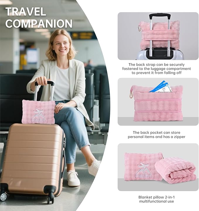 Travel Blanket and Pillow-2-in-1, Ultra-Soft&Compact, Airplane Blanket with Hand Luggage Belt and Backpack Clip,Travelers Accessories Gifts, 61x43 Inches(Pink