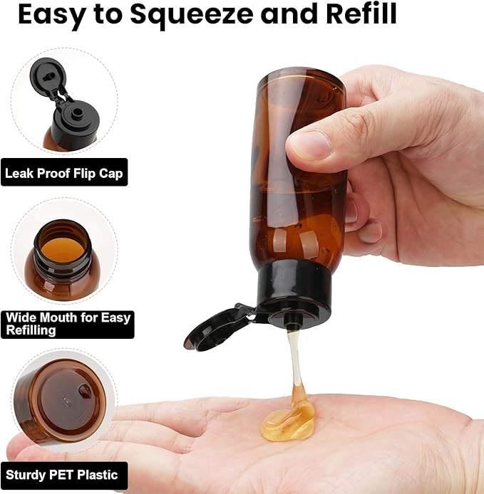 6 Pack 3.4oz Travel Bottles for Toiletries Leak Proof Travel Size Toiletries Wide Mouth Containers TSA Approved Squeeze Bottles with Flip Cap for Shampoo Conditioner Body Wash Lotion(Brown)