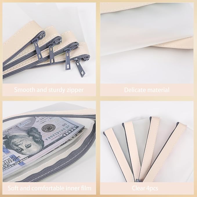 4 Pieces Money Bags With Zipper, Cash Envelopes,7.6 x 3.7 inch Money Pouch, Clear Bank Deposit Bags, Bank Bag, Cash Bag, Coin Bag for Collectors, Multi-Purpose Check Wallet （White）