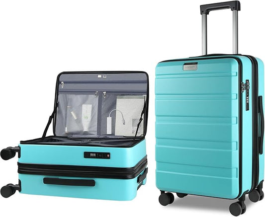 KROSER Carry On Luggage with Spinner Wheels & Built-in TSA Lock, Expandable Top Opening Hard Shell Suitcase Large Capacity Durable Rolling Luggage with USB Port, Carry-On 20-Inch, Lake Blue