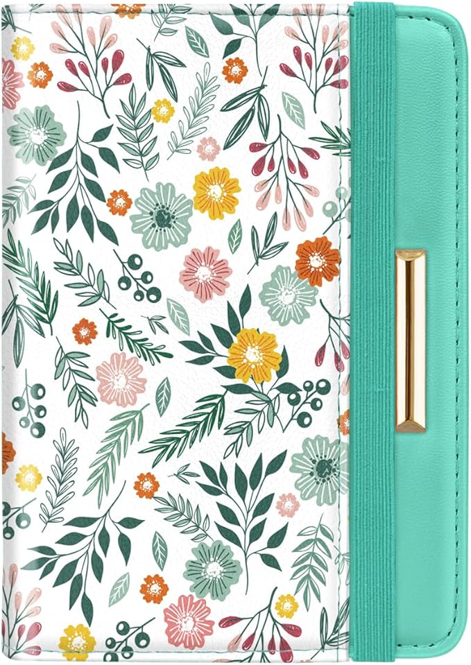 Passport Holder Cover, RFID Travel Wallet Credit Card Holder Green Cute Floral Passport Book Holders for Women with Elastic Band and Golden Metal Decoration, Green Daisy