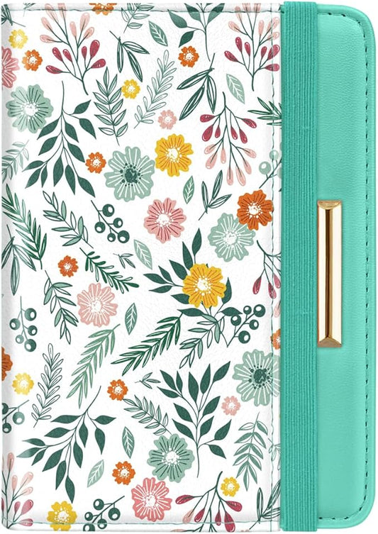 Passport Holder Cover, RFID Travel Wallet Credit Card Holder Green Cute Floral Passport Book Holders for Women with Elastic Band and Golden Metal Decoration, Green Daisy