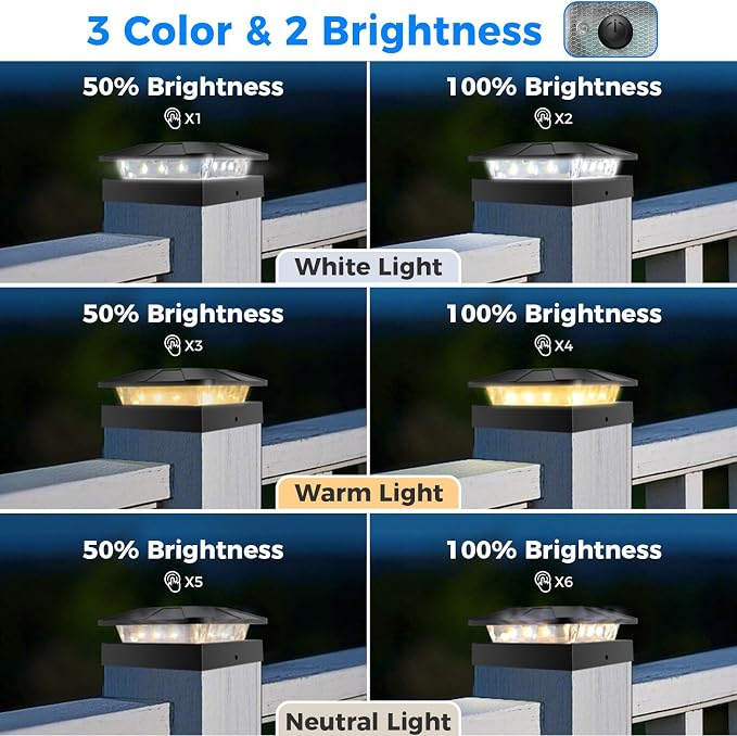 4 Packs 4x4 Solar Post Cap Lights Outdoor with 3 Modes | LED Post Light Solar Powered Waterproof, 4x4/3.5×3.5 Wood/Vinyl Fence Posts Lights for Deck Railing Porch Mailbox Outside