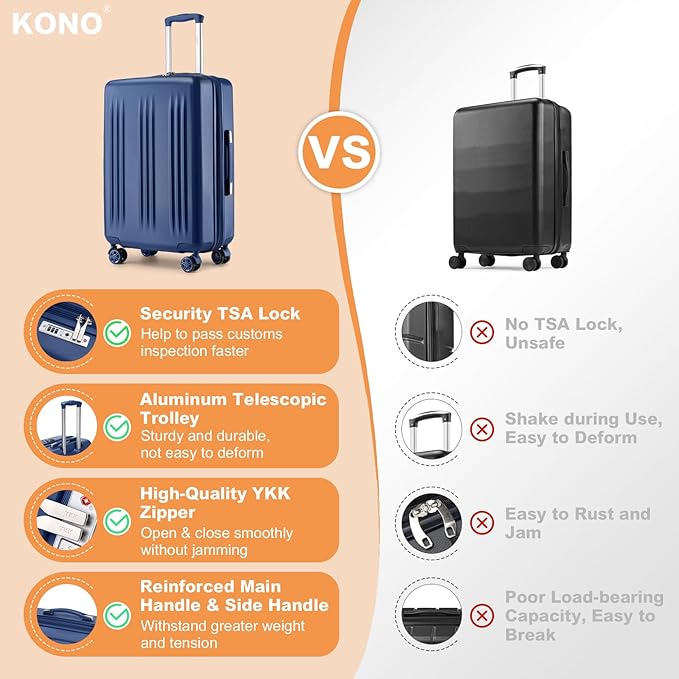 Kono Lightweight 28 Inch Expandable Luggage with Quiet Spinner Wheels TSA Lock, Scratch and Drop Resistant PC+ABS Hardside Durable Large Checked Suitcase, Navy Blue