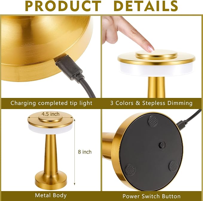 Riakrum 2 Pcs Gold LED Portable Cordless Table Lamp Bulk with Touch Sensor 3 Color Stepless Dimming Rechargeable Battery up to 15 Hours Cordless Table Light Wireless Lamp Wedding Home