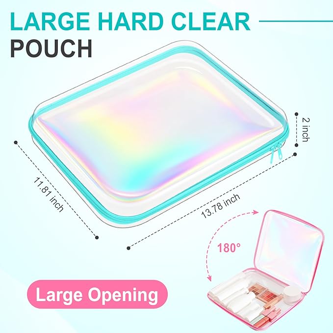 Sanwuta 6 Pcs Clear Hard Zipper Case Plastic Zipper Pouches Transparent Makeup Bag Pencil Case Pouches Toiletry Diaper Bag for Travel Toy Storage Organizer Bins(Holographic,13.78 x 11.81 x 2 Inch)