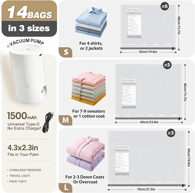 Vacuum Seal Bags for Clothing Travel with Rechargeable Electric Pump, Space Saver Vacuum Storage Bags Travel, Reusable Compression Bags for Luggage Home (14pcs Checkered)