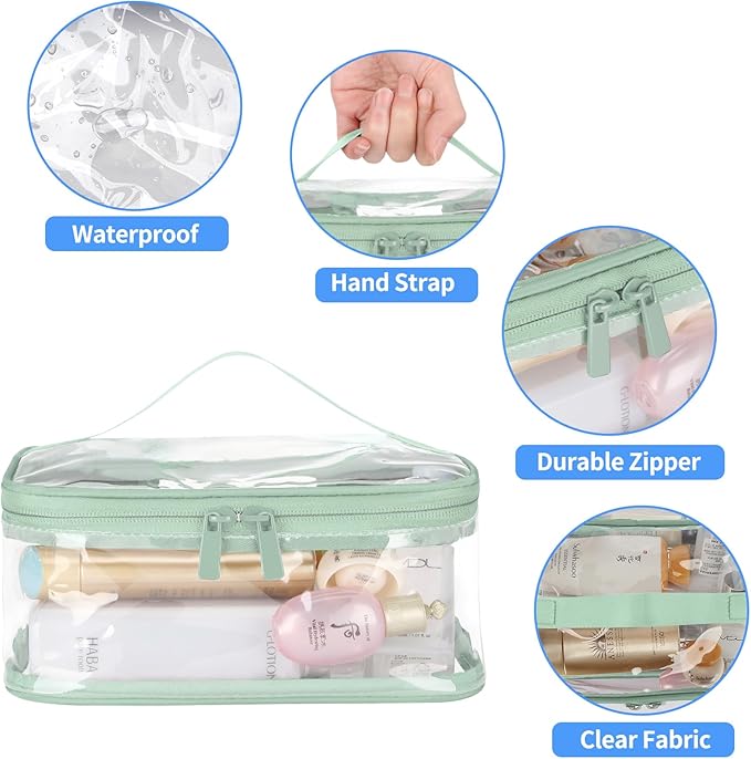 HAOGUAGUA 2 Pieces Clear Makeup Bags Cosmetic Toiletry Bags for Traveling, Waterproof Travel Transparent TSA APPROVED Carry On Airport Airline Compliant Bag (2 PIECES GREEN)