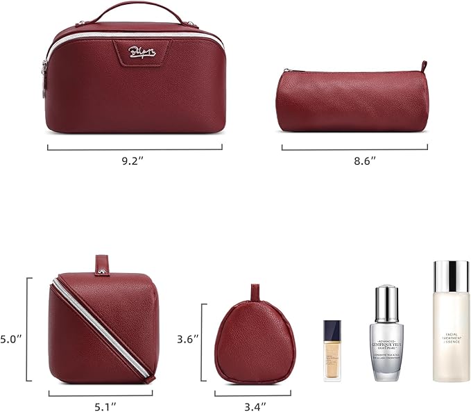 BOYATU Travel Makeup Bag Cosmetic Bags for Women: Large Capacity 3 Pcs Set Make up Bag with Compartments - Waterproof Vegan Leather Toiletry Organizer Bags with Handle (L29Red)