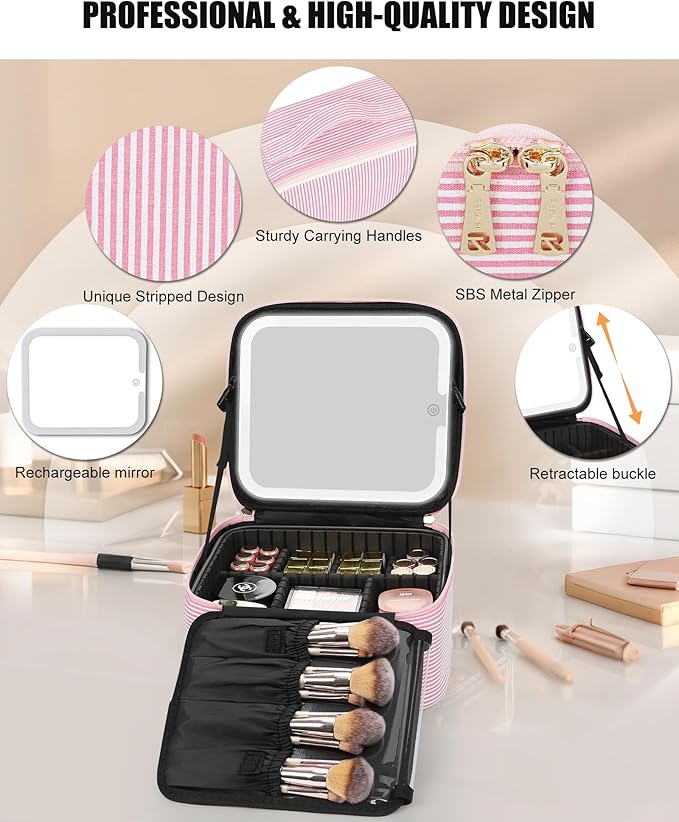 Relavel Travel Makeup Bag With LED Mirror, Portable Cosmetic Bag Organizer with Adjustable Brightness in 3 Color Scenarios, Small Cute Train Case with Detachable Dividers for Trip- Pink Strip