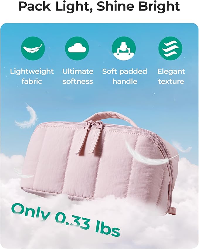 BAGSMART Travel Makeup Bag for Women, Portable Water-resistant Cosmetic Case, Puffy Padded Make Up Organizer Pouch, Open Flat Toiletry Bag for Toiletries, Brushes, Green