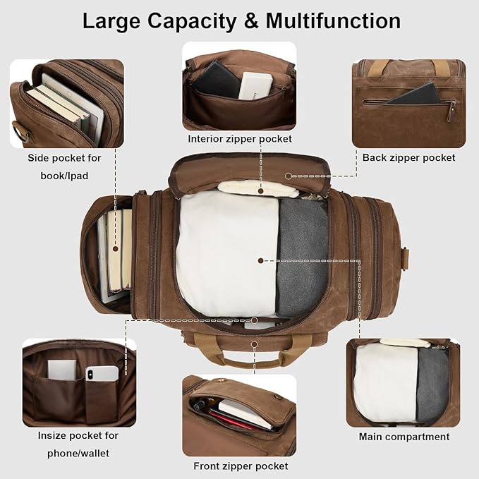 Waxed Canvas Duffel Bag 50L Waterproof Duffle Bag Travel Overnight Weekender Bag